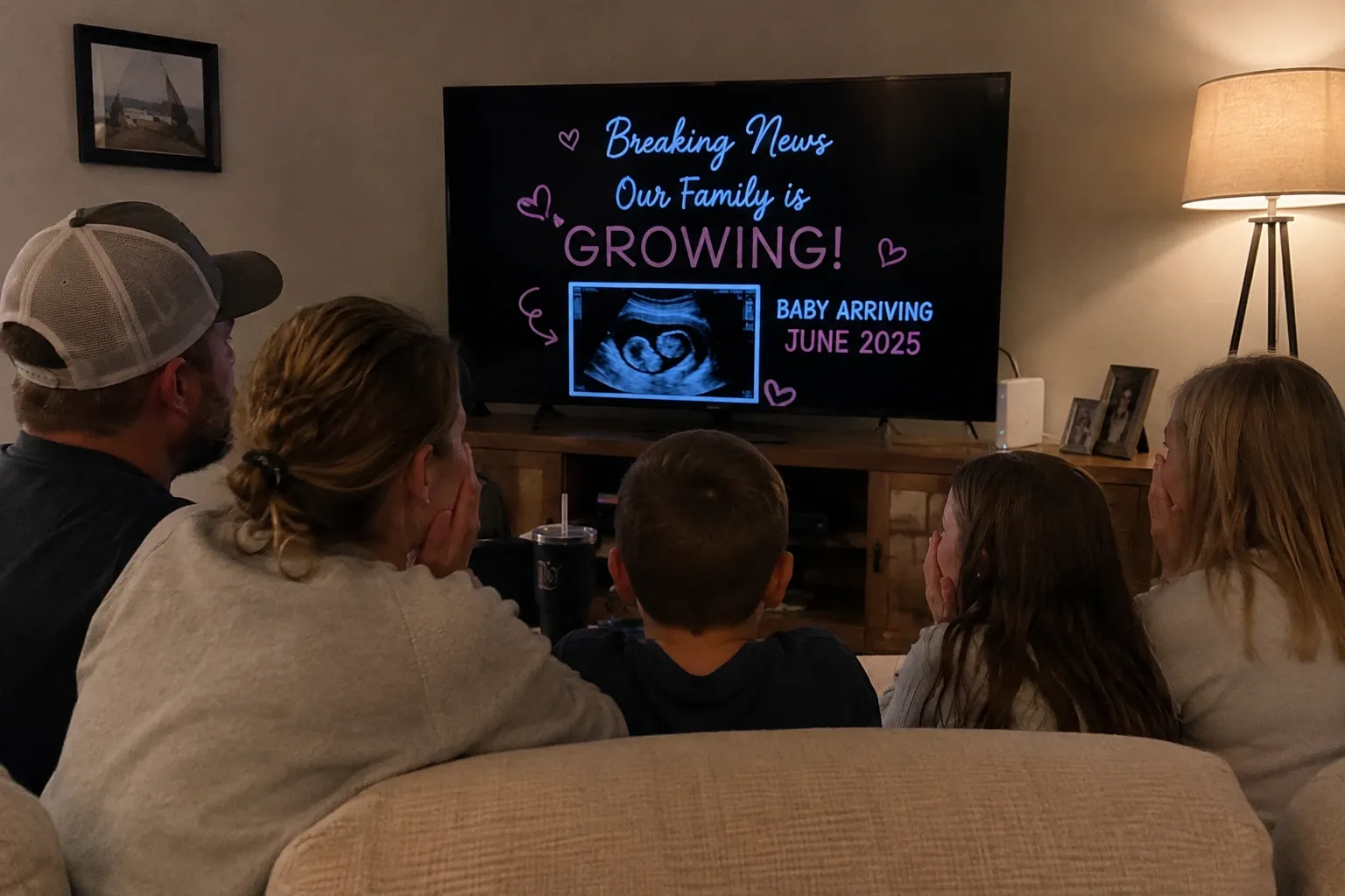 Baby Announcement Ideas That Turn Big News Into a Lasting Memory - they are on tv screen and family wating it - image MAMAANDBLOOM